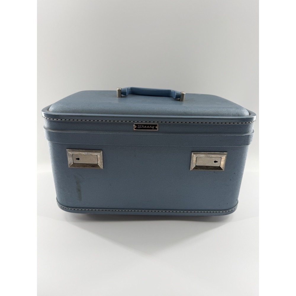 Vintage Wheary Train Case Travel Cosmetic Hard Luggage Suitcase Blue Retro